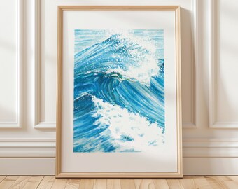 May include: A watercolor painting of a large ocean wave crashing, with white foam and blue and turquoise water.