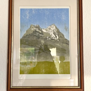 Eiger woodcut print, viewed from Grindelwald Woodcut Relief Print, Colourful reduction woodcut print