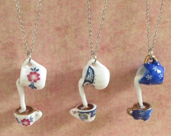 Pouring Milk Coffee Necklace, Porcelain Jar Tea Cup Pendant, Tea Party, Miniature Jewelry, Polymer Clay Drinks, Quirky Gift