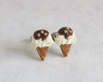 Ice Cream Cone Stud Earrings, Mini Food, Stainless Steel Posts,