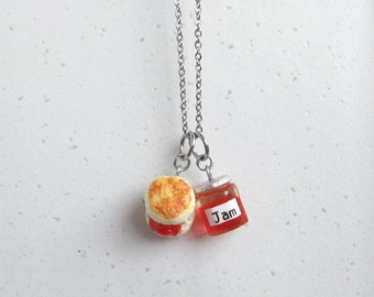 Scone And Jam Necklace, Miniature Food Charms On Stainless Steel Chain