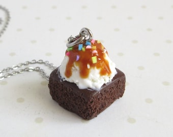 Miniature Brownie Sundae Charm, Necklace, Keychains, Polymer Clay Dessert, Foodie Gift