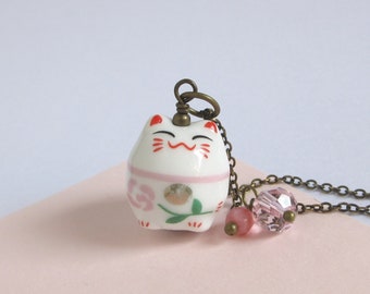 Japanese Lucky Cat Necklace, Pink Glass Charm, Antiqued Brass Or Stainless Steel Chain