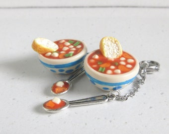 Vegetable Soup Charm, Bowl Of Soup With Baguette Bread And Silver Spoon, Necklace, Keychain, Polymer Clay Food
