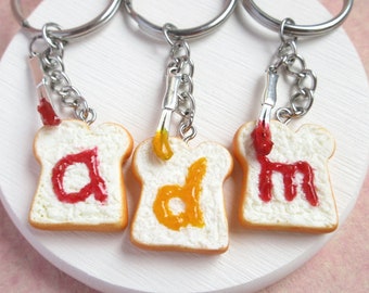 Fruit Jam Toast With Knife Keychain, Strawberry Or Apricot, Initial Personalized Gift