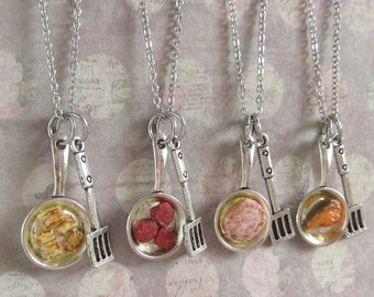 Frying Pan Food Necklace: Miniature Halloumi, Salami, Pork, Salmon