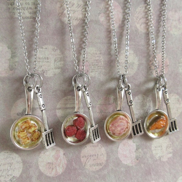 Frying Pan Food Charms Necklace, Miniature Spatula, Halloumi Cheese Salami Sausage Pork Chop Salmon Fillet, Cooking Gift