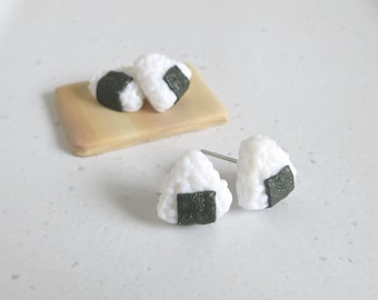 Onigiri Rice Ball Earrings, Japanese Sushi Studs, Polymer Clay Miniature Food Jewelry