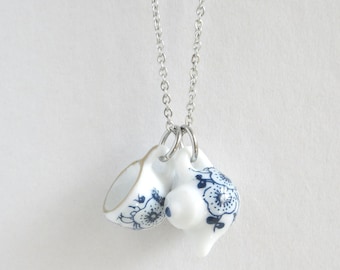 Mini Tea Cup Necklace, Blue Flower White China Teapot Pendant, Stainless Steel Chain, Miniature Tea Party Jewelry