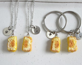 Set Of Two Grilled Cheese Sandwich Keychain Or Necklace With Initial Tag, Best Friendship Gifts