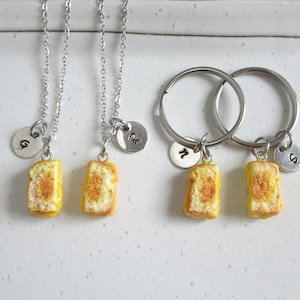 Set Of Two Grilled Cheese Sandwich Keychain Or Necklace With Initial Tag, Best Friendship Gifts