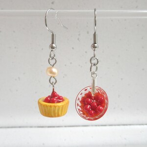 Mismatched Dessert Earrings, Miniature Fruit Tart & Cherry Bowl,  Gift For Women