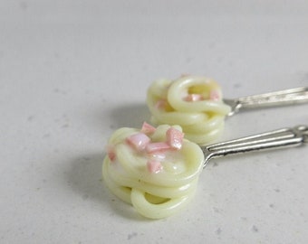 Carbonara Charm Jewelry, Spaghetti Silver Fork, Miniature Italian Polymer Clay Food, Pasta Lover Gift