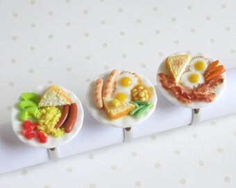 Breakfast Ring, Miniature Food, Polymer Clay Egg, Sausage, Bread, Bacon, Quirky Jewelry For Chef