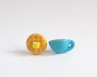 Coffee Earrings Waffle Earrings, Polymer Clay Food Studs, Miniature Breakfast Set