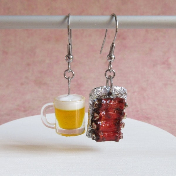 Grilled BBQ Ribs And Beer Earrings, Miniature Gift For Barbecue Food Lover