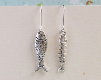 Salmon Fish Earrings, Antiqued Silver Fish Bone Earrings,  Mix And Match, Pick Your Combination, Miniature Kawaii Jewelry