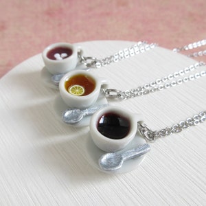 Miniature Cup Set Necklace With Spoon, Black Coffee, Lemon Tea, Hot Chocolate, Drinks Charm On Stainless Steel Chain