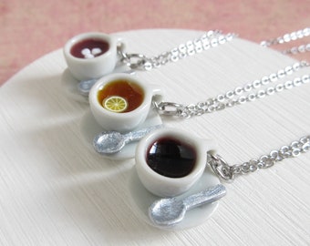 Miniature Cup Set Necklace With Spoon, Black Coffee, Lemon Tea, Hot Chocolate, Drinks Charm On Stainless Steel Chain