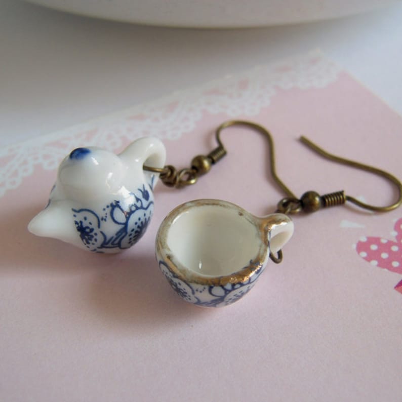 Teapot Tea Cup Earrings Classic Blue Flower Miniature Set Etsy