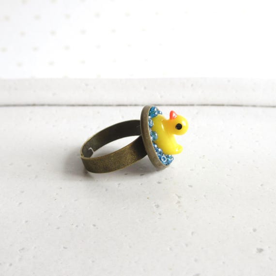 Yellow Duck Ring, Sea Blue Glass Beads Adjustable Ring - Etsy