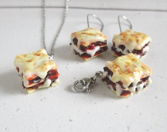 Lasagna Jewelry, Charm, Necklace, Ring, Earrings, Polymer Clay Miniature Pasta, Italian Food, Stainless Steel