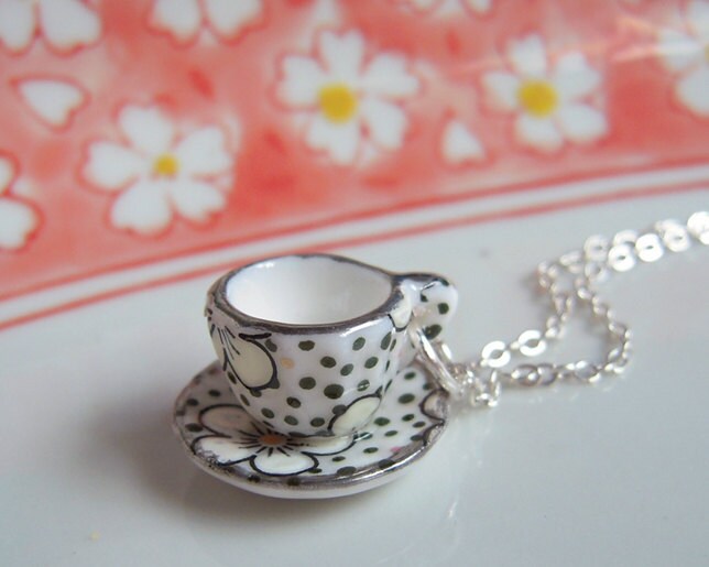 Mini Tea Cup Pendant Silver Necklace Blossom Flower Etsy