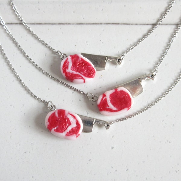 Meat With Cleaver Necklace, Quirky Food Jewelry, Butcher's Gift