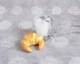 Breakfast Necklace, Miniature Croissant And Glass Of Milk Charm, Quirky Everyday Jewelry
