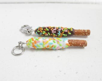 Chocolate Sprinkle Pretzel Rod Charm, Miniature Polymer Clay Jewelry