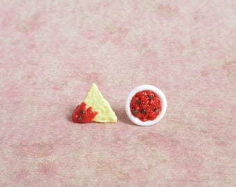 Nachos Salsa Earrings, Miniature Tortilla Chip, Polymer Clay Food Jewelry