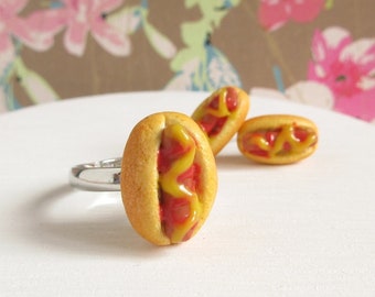 Hot Dog Ring, Sausage Sandwich, Polymer Clay Food, Miniature Gift, Adjustable Size