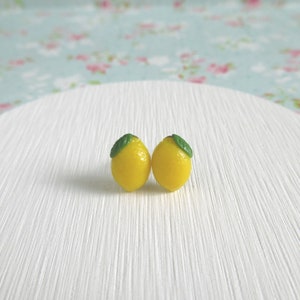 Lemon Stud Earrings, Polymer Clay Miniature Fruit, Stainless Steel Posts