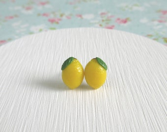 Lemon Stud Earrings, Polymer Clay Miniature Fruit, Stainless Steel Posts