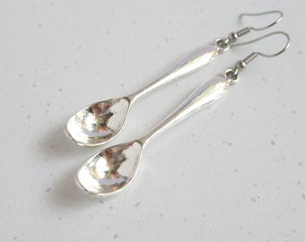 Large Silver Spoon Earrings, Kawaii Miniature Jewelry