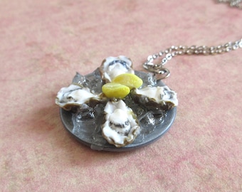 Miniature Oyster Platter Necklace, Polymer Clay Seafood, Stainless Steel Chain, Personalized Chef Waitress Gift