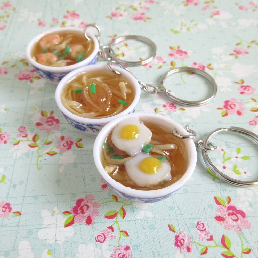 Noodle Bowl Keychain, Ramen Noodle, Chicken Leg, Fried Egg, Abalone, …