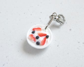 Miniature Strawberry Yogurt Bowl Charm Necklace - Handmade Polymer Clay Food Jewelry