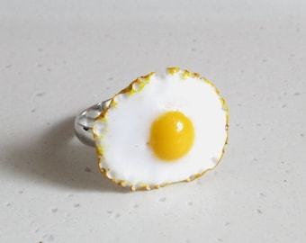 Fried Egg Ring, Sunny Side Up, Polymer Clay, Silver Tone, Quirky Food Jewelry, Foodie Gift