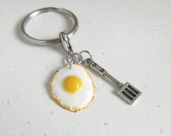 Sunny Egg Spatula Clasp Charm, Polymer Clay Miniature food, Stainless Steel Key Holder