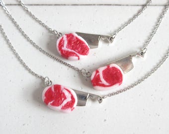 Collar de carne con hacha, joyería de comida original, regalo de carnicero