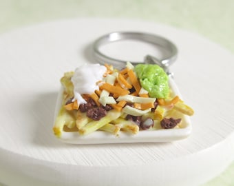 Carne Asada Fries Charm Keychain, Miniature Cheese French Fries Key Ring