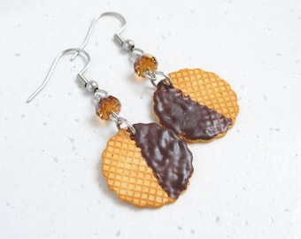 Chocolate Dipped Waffle Biscuit Earrings, Miniature Food Jewelry