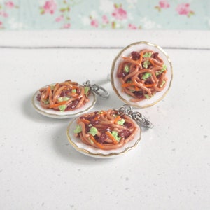 Fried Noodle Charm, Necklace, Ring, Ceramic Plate Asian Food, Polymer Clay Jewelry, Fun Gifts