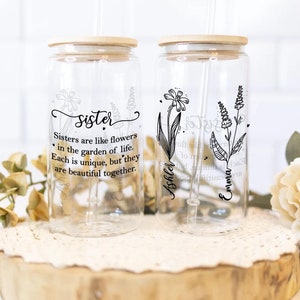 Personalized Flower Sisters Name Frosted Tumbler Gift for Sister Appreciation Gift Custom Gifts for Sisters Frosted Glass Cup Mug Daughters