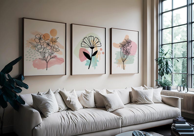 Abstract Flower Line Art Prints, Set of 3 Minimal Floral Line Drawing ...