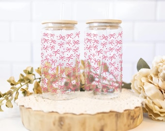 Pink bows glass cup, bow coffee glass cup, cute gift, iced coffee cup, Pink bow Iced Coffee Cup, Gift for her, Valentines Gift