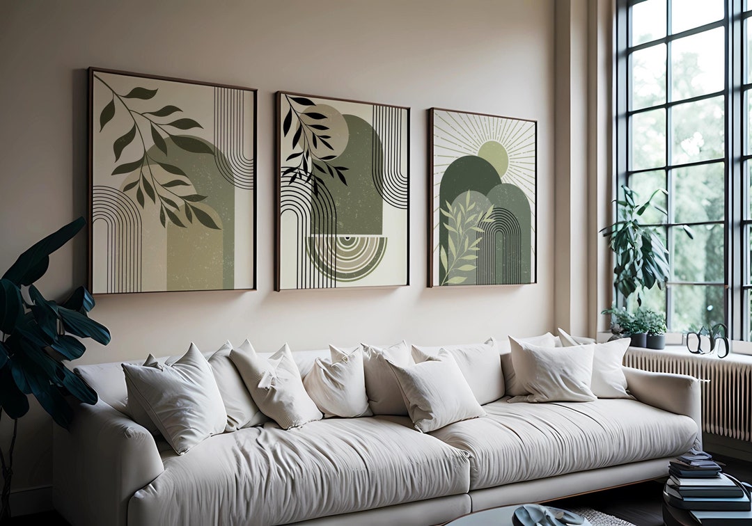 Boho Sage Green Wall Print Set of 3, Mid Century Wall Print, Green Wall ...
