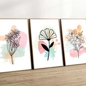 Abstract Flower Line Art Prints, Set of 3 Minimal Floral Line Drawing ...