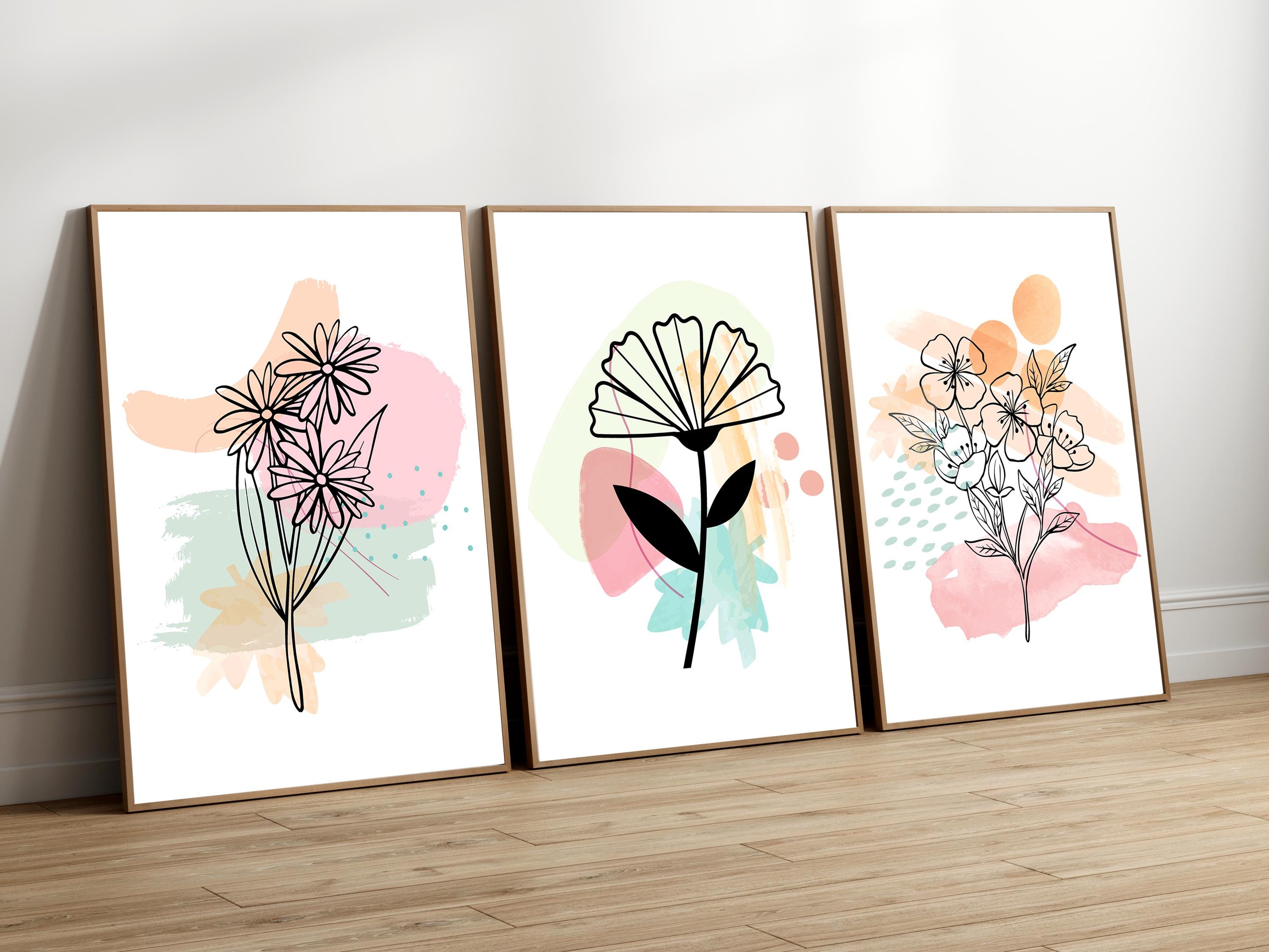 Abstract Flower Line Art Prints, Set of 3 Minimal Floral Line Drawing ...
